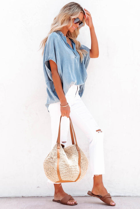 Solid Casual Oversized Split V Neck Denim Blouse
