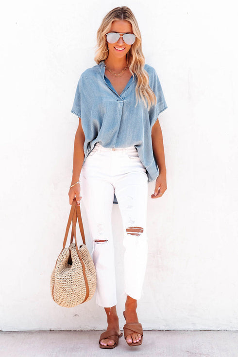 Solid Casual Oversized Split V Neck Denim Blouse