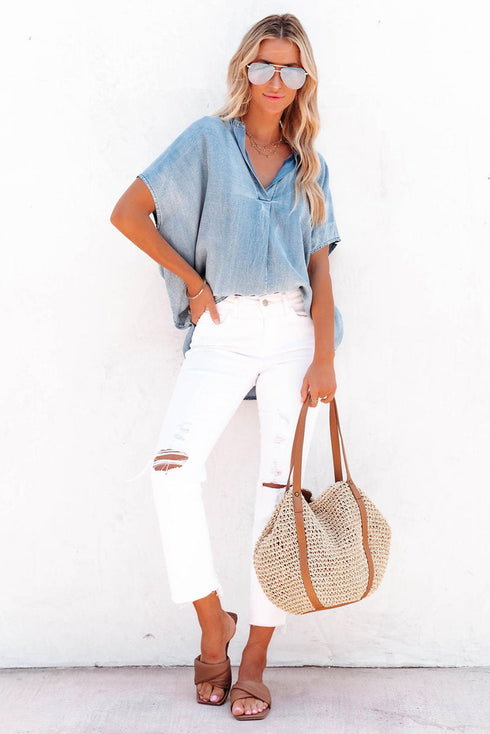 Solid Casual Oversized Split V Neck Denim Blouse