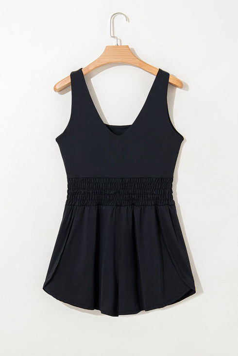 Solid Casual Sleeveless Loop Drawstring Cinched Waist Romper