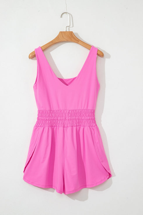 Solid Casual Sleeveless Loop Drawstring Cinched Waist Romper