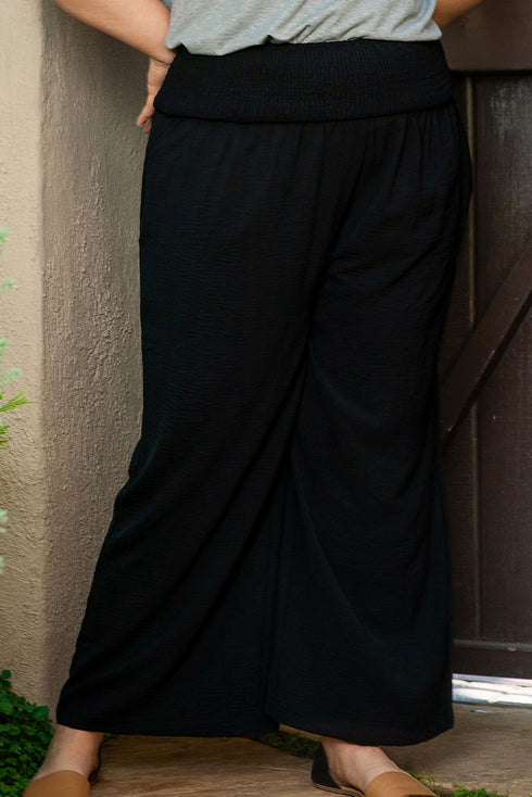 Solid Casual Smocked High Waist Wide Leg Bottoms