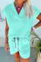 Solid Casual V Neck Short Sleeve Drawstring Short Set