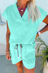 Solid Casual V Neck Short Sleeve Drawstring Short Set