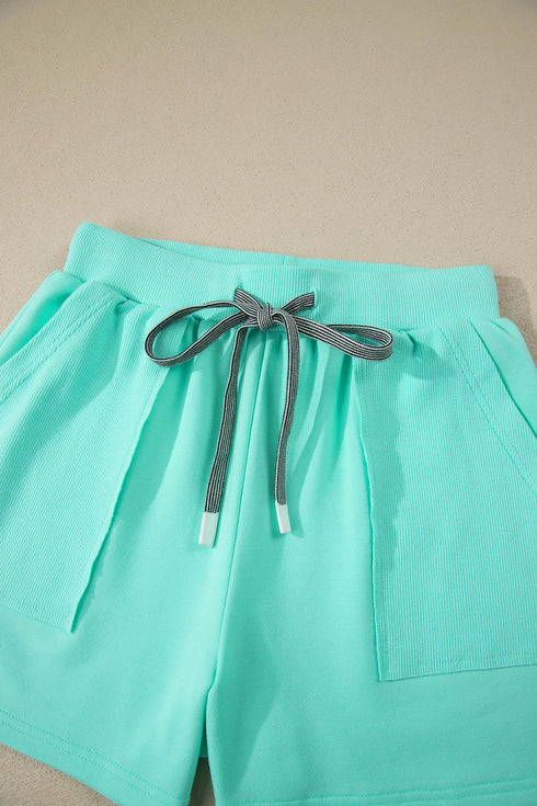Solid Casual V Neck Short Sleeve Drawstring Short Set