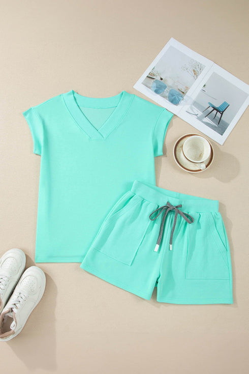 Solid Casual V Neck Short Sleeve Drawstring Short Set