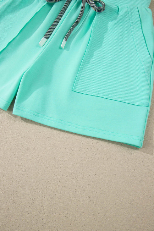 Solid Casual V Neck Short Sleeve Drawstring Short Set