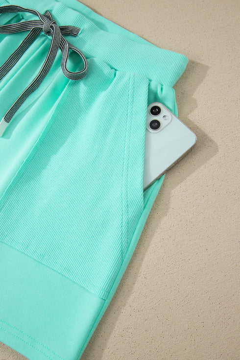 Solid Casual V Neck Short Sleeve Drawstring Short Set