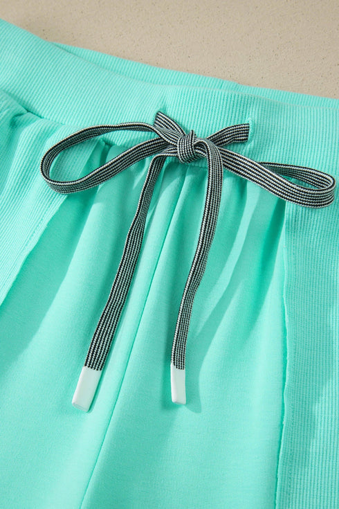 Solid Casual V Neck Short Sleeve Drawstring Short Set