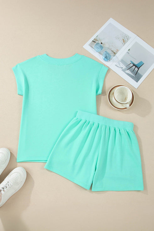 Solid Casual V Neck Short Sleeve Drawstring Short Set