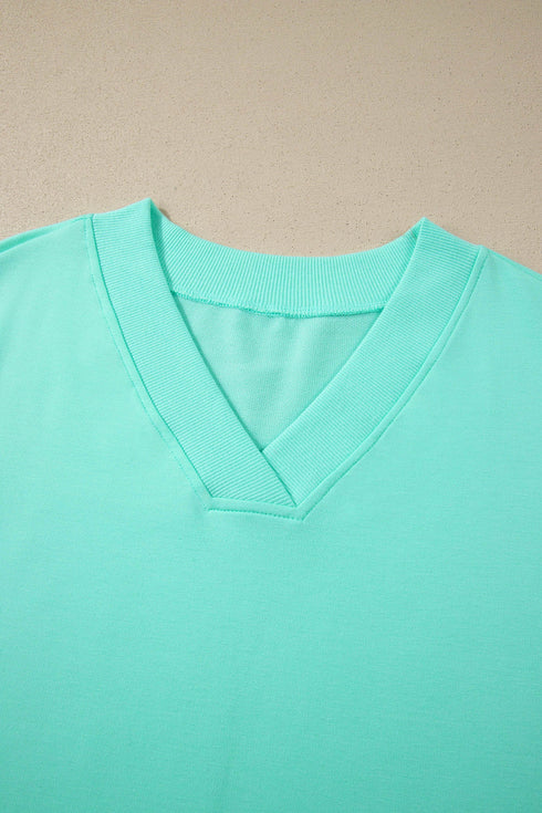 Solid Casual V Neck Short Sleeve Drawstring Short Set