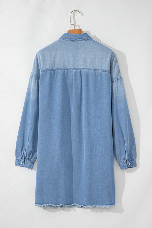 Solid Casual Washed Denim H Line Shirt Mini Dress