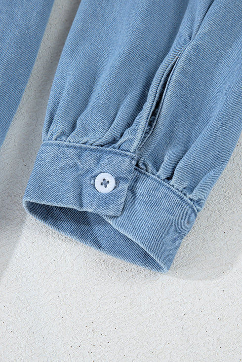 Solid Casual Washed Denim H Line Shirt Mini Dress