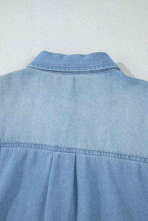 Solid Casual Washed Denim H Line Shirt Mini Dress