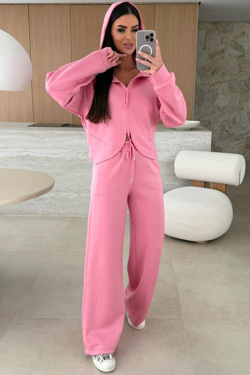 Solid Casual Zip Up Hoodie Wide Leg Pant Sets