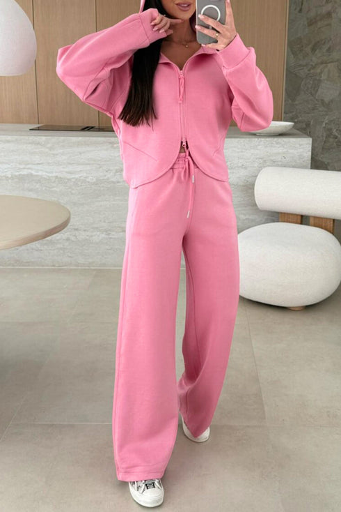 Solid Casual Zip Up Hoodie Wide Leg Pant Sets