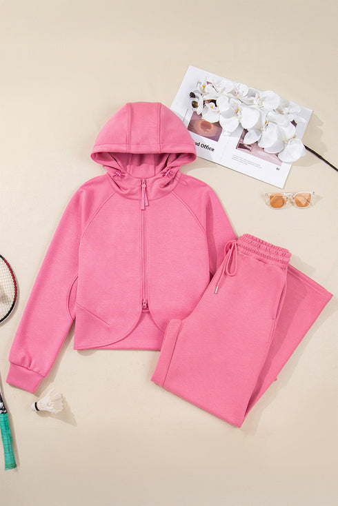 Solid Casual Zip Up Hoodie Wide Leg Pant Sets