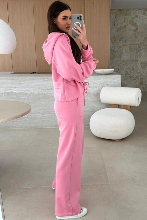 Solid Casual Zip Up Hoodie Wide Leg Pant Sets