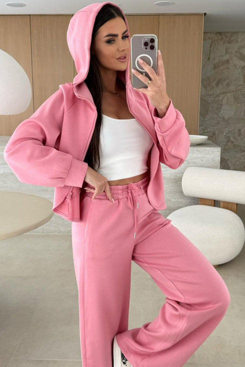 Solid Casual Zip Up Hoodie Wide Leg Pant Sets