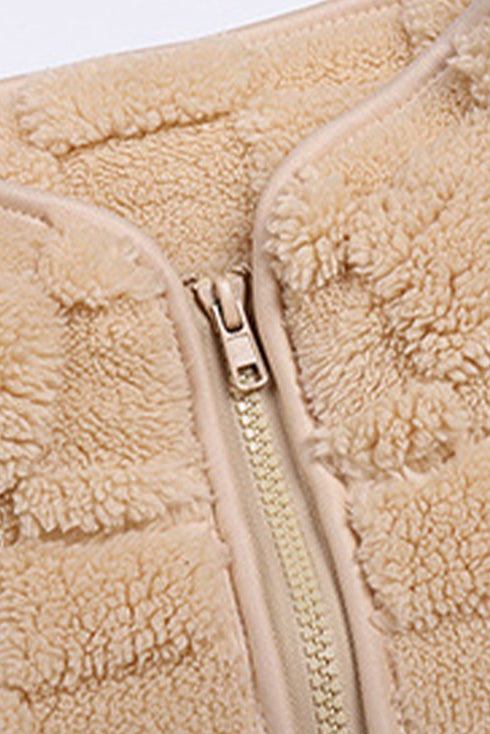 Solid Checkered Side Pockets Zipper Fleece Jacket