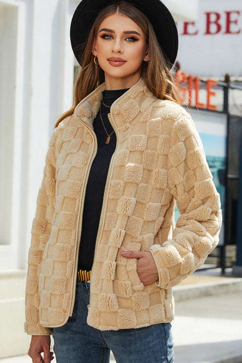 Solid Checkered Side Pockets Zipper Fleece Jacket