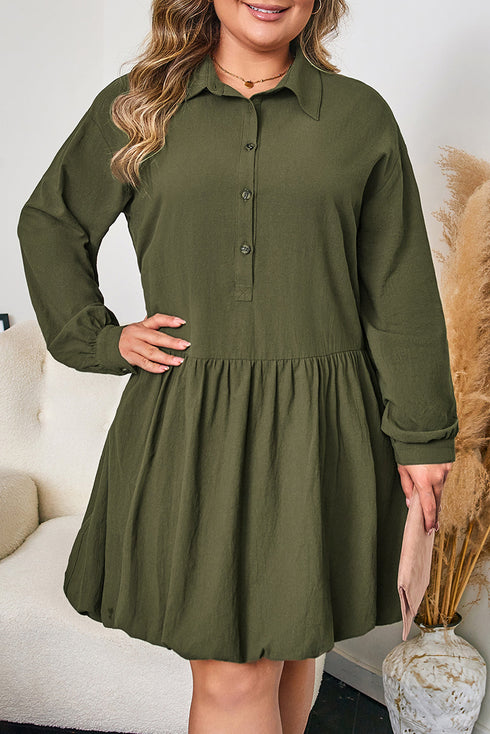 Solid Collared Half Button Long Sleeve Ruffle Hem Mini Dress
