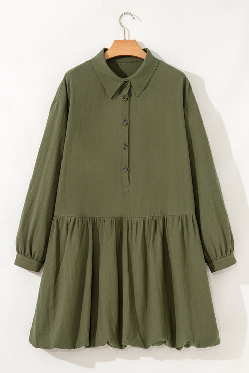 Solid Collared Half Button Long Sleeve Ruffle Hem Mini Dress