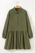 Solid Collared Half Button Long Sleeve Ruffle Hem Mini Dress