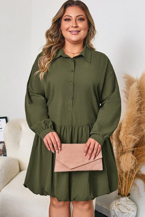 Solid Collared Half Button Long Sleeve Ruffle Hem Mini Dress
