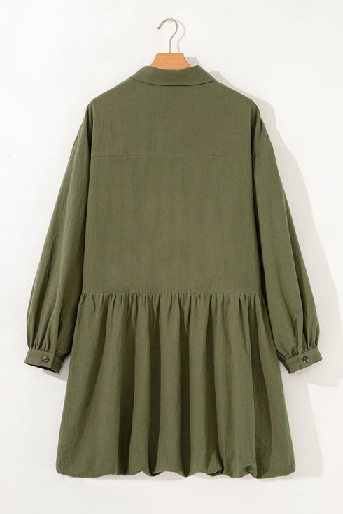 Solid Collared Half Button Long Sleeve Ruffle Hem Mini Dress