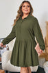 Solid Collared Half Button Long Sleeve Ruffle Hem Mini Dress