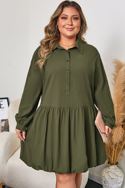 Solid Collared Half Button Long Sleeve Ruffle Hem Mini Dress
