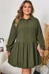 Solid Collared Half Button Long Sleeve Ruffle Hem Mini Dress