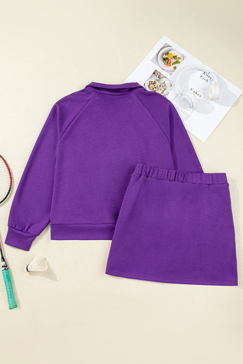 Solid Collared Half Zip Pullover Skirt Loungewear