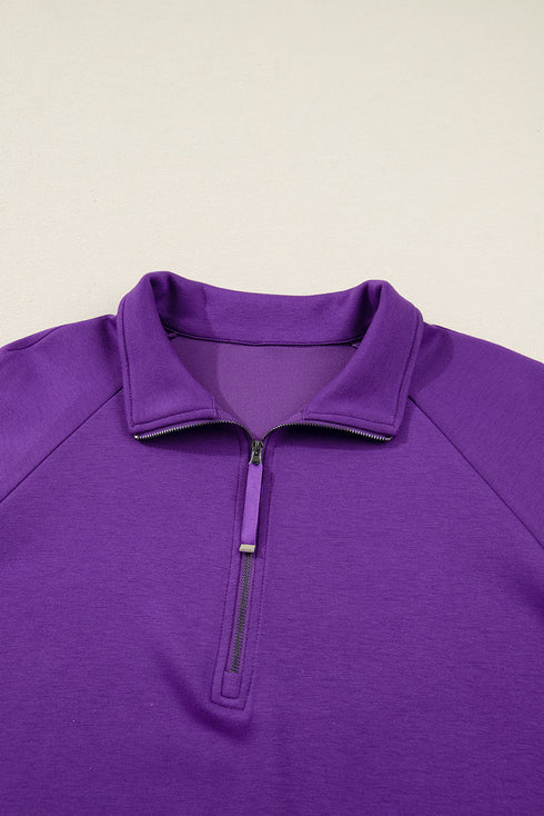 Solid Collared Half Zip Pullover Skirt Loungewear