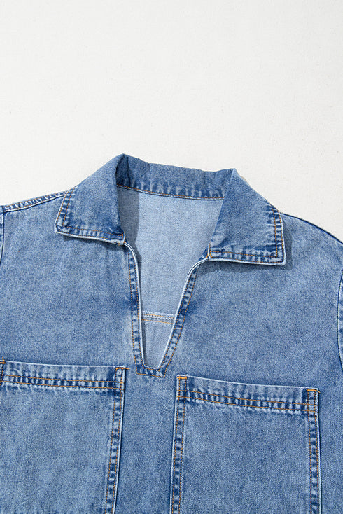 Solid Collared Short Sleeve Patched Pocket Denim Mini Dress