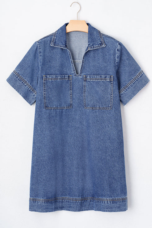 Solid Collared Short Sleeve Patched Pocket Denim Mini Dress