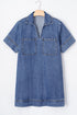 Solid Collared Short Sleeve Patched Pocket Denim Mini Dress