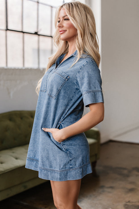 Solid Collared Short Sleeve Patched Pocket Denim Mini Dress