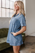 Solid Collared Short Sleeve Patched Pocket Denim Mini Dress