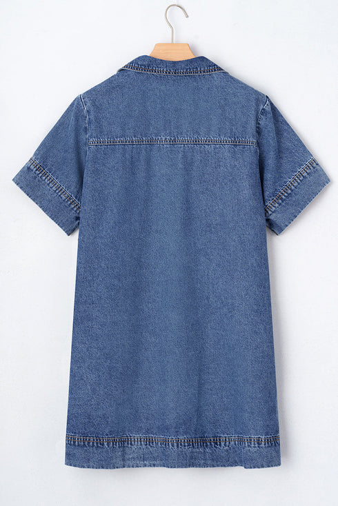Solid Collared Short Sleeve Patched Pocket Denim Mini Dress