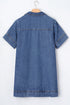 Solid Collared Short Sleeve Patched Pocket Denim Mini Dress