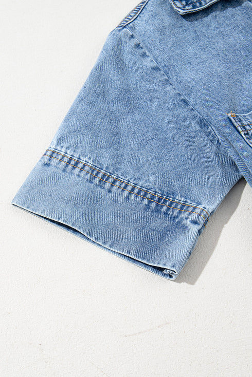 Solid Collared Short Sleeve Patched Pocket Denim Mini Dress