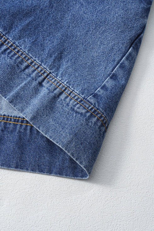 Solid Collared Short Sleeve Patched Pocket Denim Mini Dress