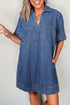 Solid Collared Short Sleeve Patched Pocket Denim Mini Dress