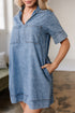 Solid Collared Short Sleeve Patched Pocket Denim Mini Dress