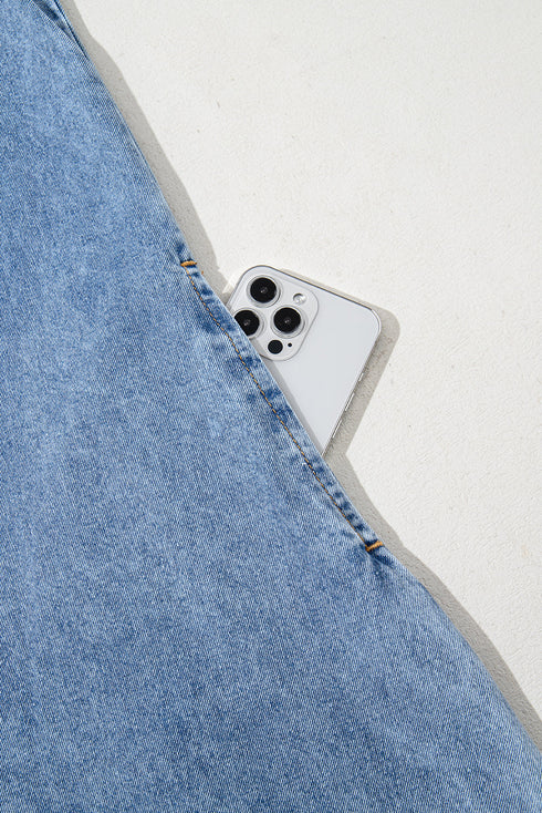 Solid Collared Short Sleeve Patched Pocket Denim Mini Dress