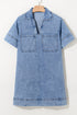 Solid Collared Short Sleeve Patched Pocket Denim Mini Dress