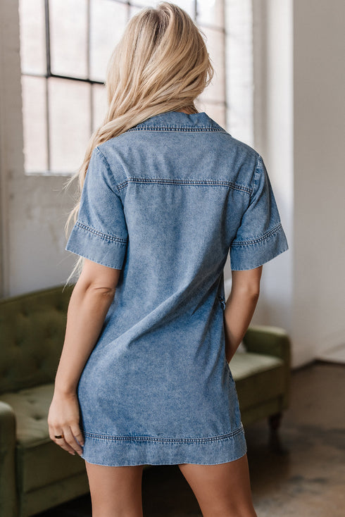 Solid Collared Short Sleeve Patched Pocket Denim Mini Dress