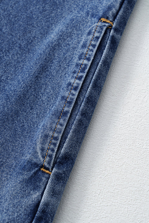 Solid Collared Short Sleeve Patched Pocket Denim Mini Dress